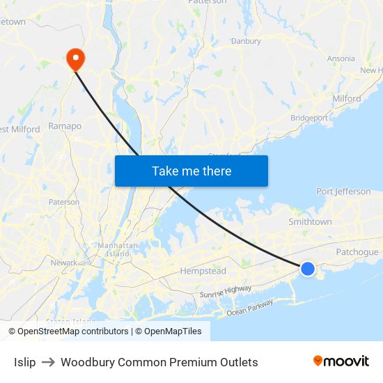 Islip to Woodbury Common Premium Outlets map
