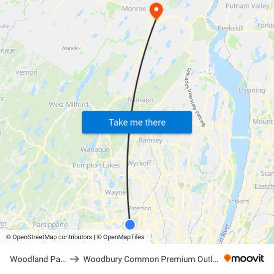 Woodland Park to Woodbury Common Premium Outlets map