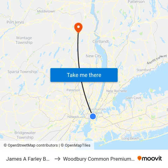 James A Farley Building to Woodbury Common Premium Outlets map