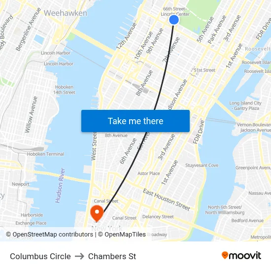 Columbus Circle to Chambers St map