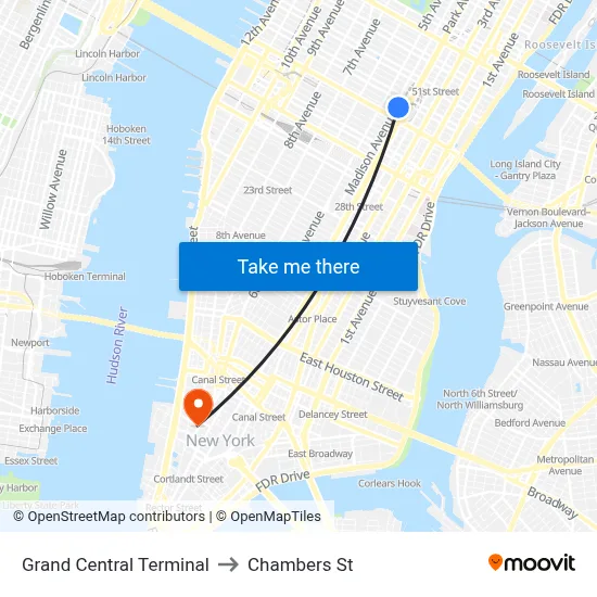 Grand Central Terminal to Chambers St map