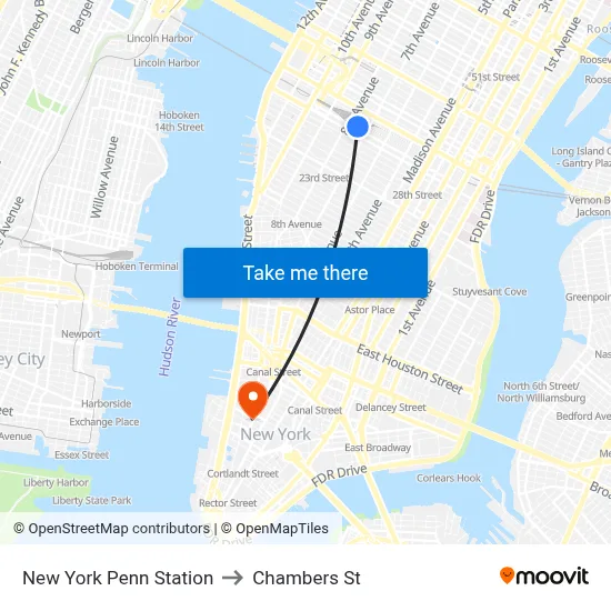 New York Penn Station to Chambers St map