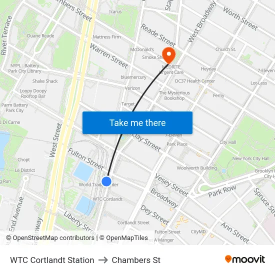 WTC Cortlandt Station to Chambers St map