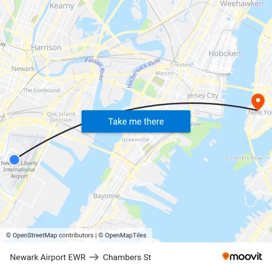 Newark Airport EWR to Chambers St map