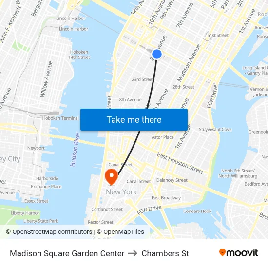Madison Square Garden Center to Chambers St map