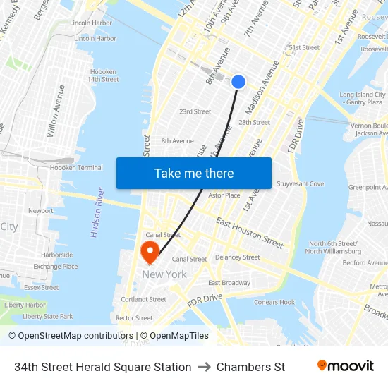 34th Street Herald Square Station to Chambers St map