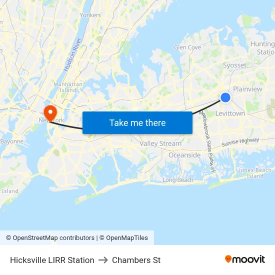 Hicksville LIRR Station to Chambers St map