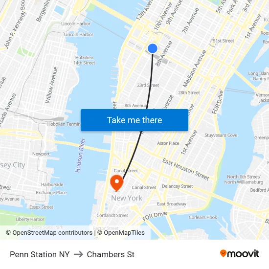 Penn Station NY to Chambers St map