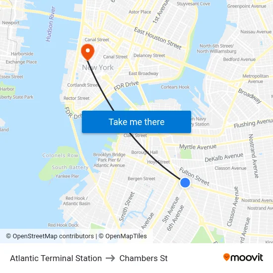 Atlantic Terminal Station to Chambers St map