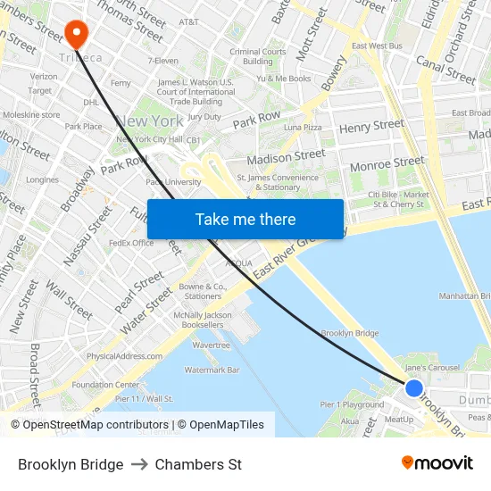 Brooklyn Bridge to Chambers St map