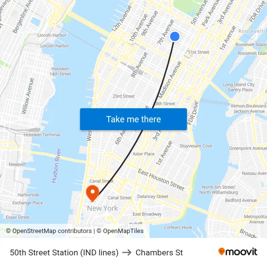 50th Street Station (IND lines) to Chambers St map