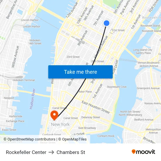 Rockefeller Center to Chambers St map
