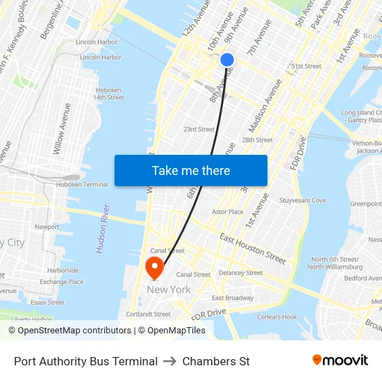 Port Authority Bus Terminal to Chambers St map