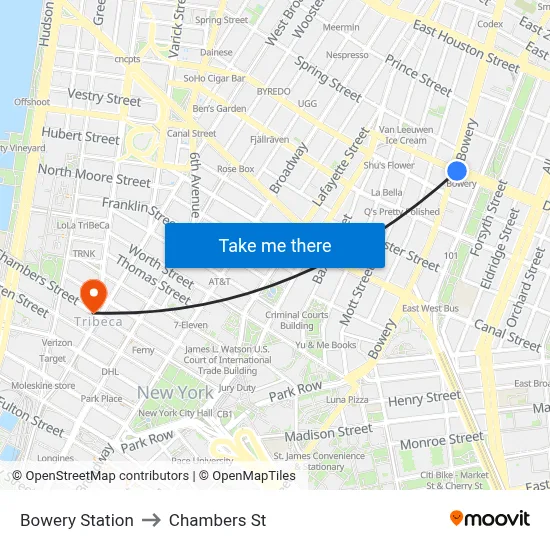 Bowery Station to Chambers St map