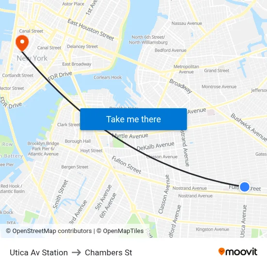Utica Av Station to Chambers St map