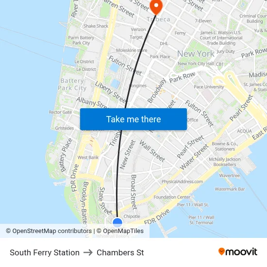 South Ferry Station to Chambers St map