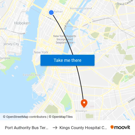 Port Authority Bus Terminal to Kings County Hospital Center map