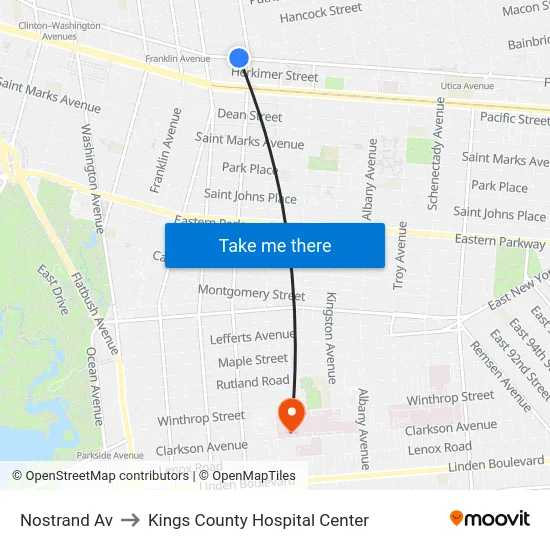 Nostrand Av to Kings County Hospital Center map