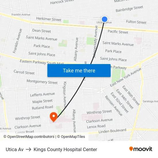 Utica Av to Kings County Hospital Center map