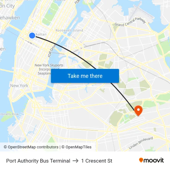 Port Authority Bus Terminal to 1 Crescent St map