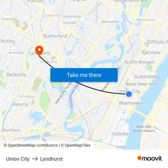 Union City to Lyndhurst map