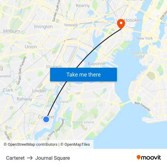 Carteret to Journal Square map