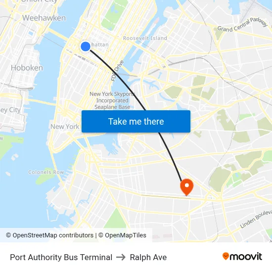 Port Authority Bus Terminal to Ralph Ave map