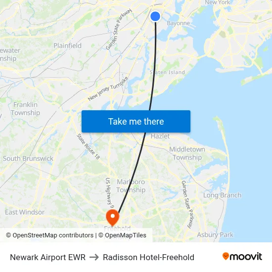 Newark Airport EWR to Radisson Hotel-Freehold map