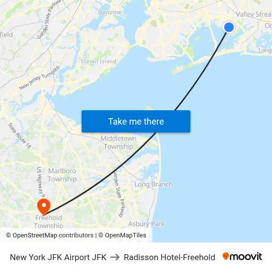 New York JFK Airport JFK to Radisson Hotel-Freehold map