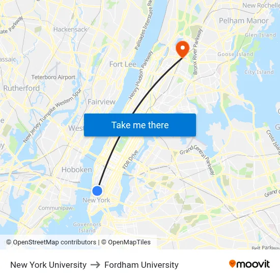 New York University to Fordham University map