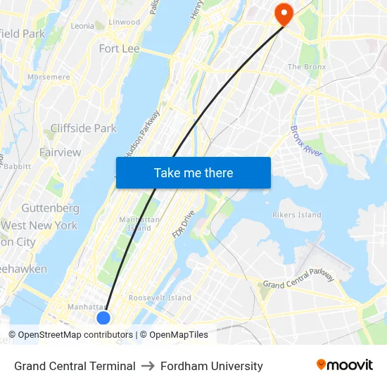 Grand Central Terminal to Fordham University map
