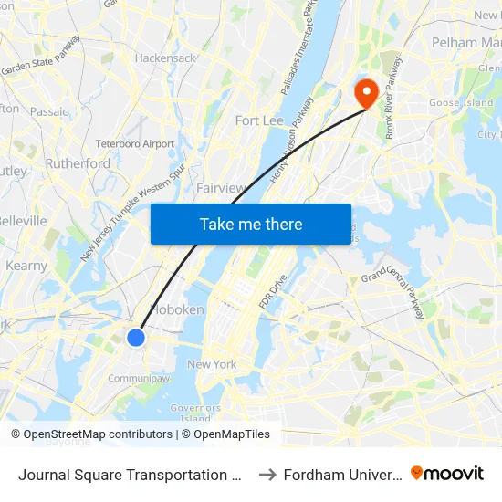 Journal Square Transportation Center to Fordham University map