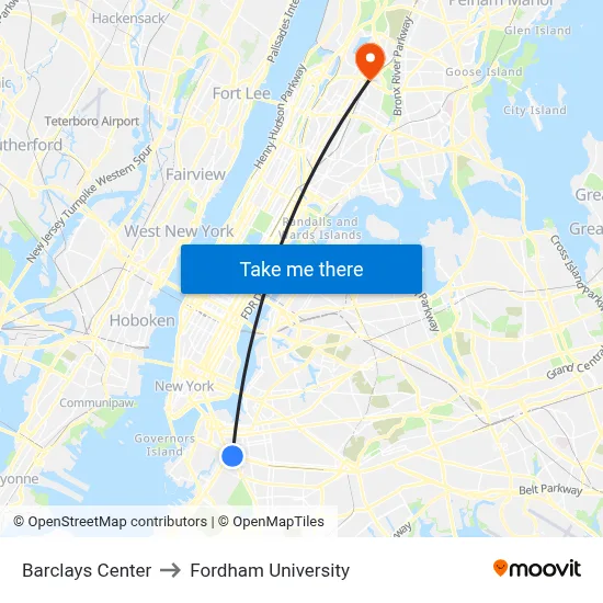 Barclays Center to Fordham University map