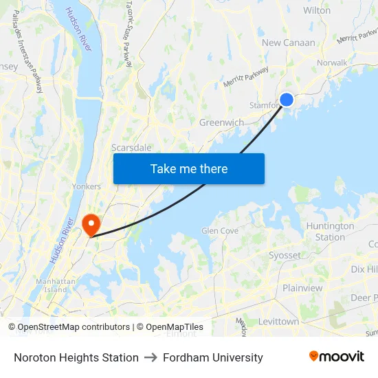 Noroton Heights Station to Fordham University map