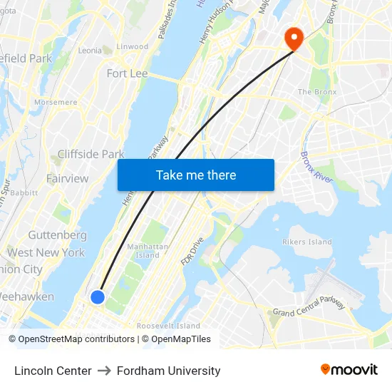 Lincoln Center to Fordham University map