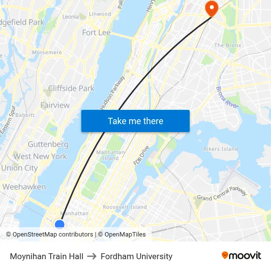 Moynihan Train Hall to Fordham University map