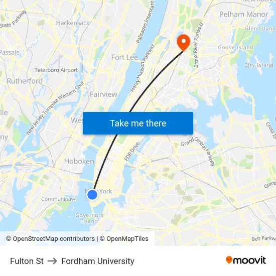 Fulton St to Fordham University map