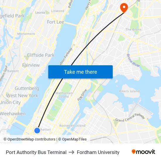 Port Authority Bus Terminal to Fordham University map