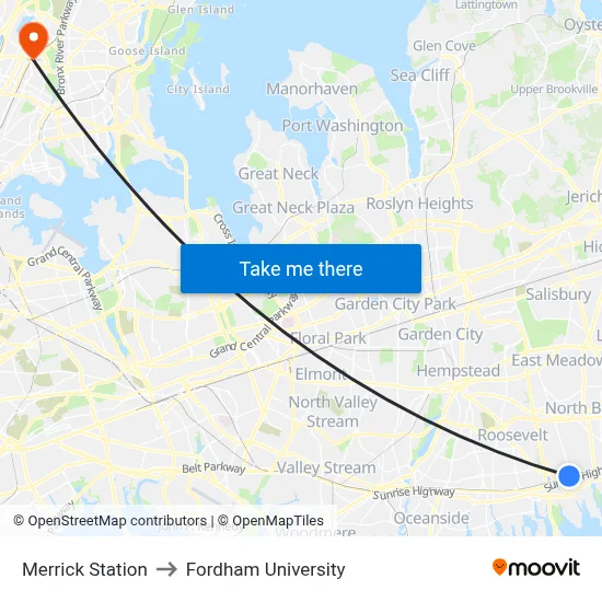 Merrick Station to Fordham University map