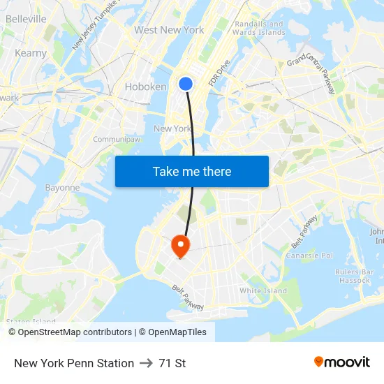 New York Penn Station to 71 St map