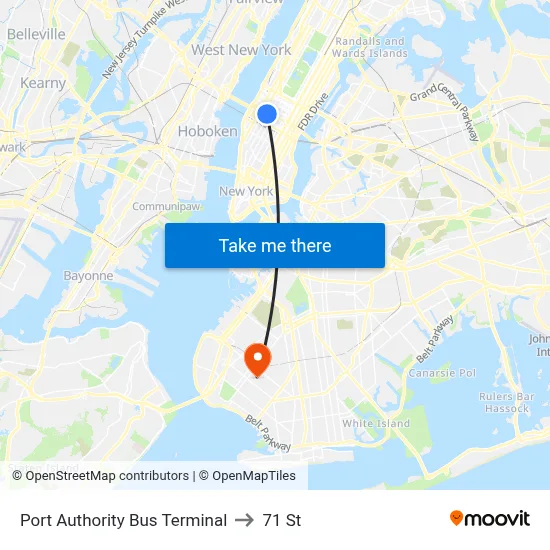 Port Authority Bus Terminal to 71 St map
