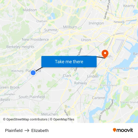 Plainfield to Elizabeth map