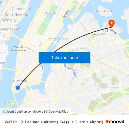 Wall St to Laguardia Airport (LGA) (La Guardia Airport) map