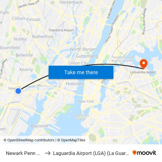 Newark Penn Station to Laguardia Airport (LGA) (La Guardia Airport) map