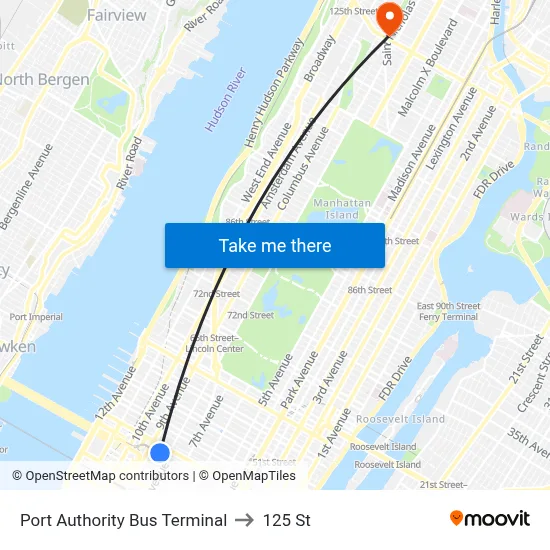 Port Authority Bus Terminal to 125 St map