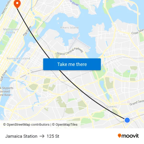 Jamaica Station to 125 St map