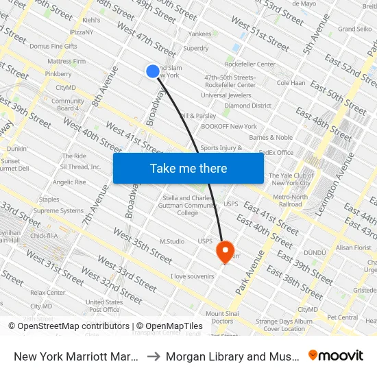 New York Marriott Marquis to Morgan Library and Museum map