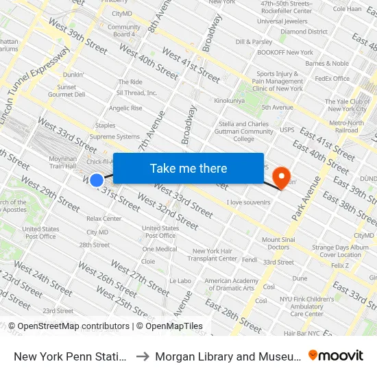 New York Penn Station to Morgan Library and Museum map