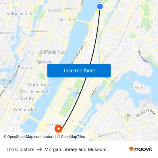 The Cloisters to Morgan Library and Museum map