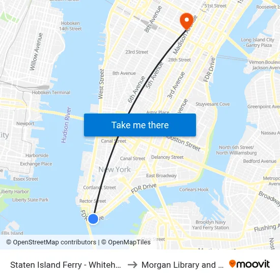 Staten Island Ferry - Whitehall Terminal to Morgan Library and Museum map